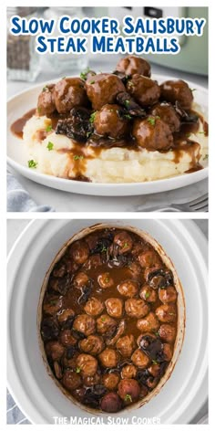 slow cooker salisbury steak meatballs and mashed potatoes on a white plate with text overlay