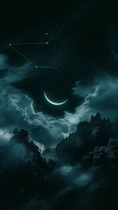 the night sky with stars and crescent moon