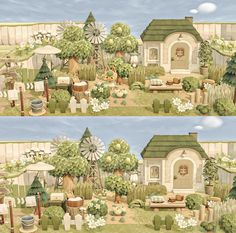 two pictures of the same house and garden