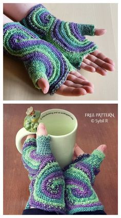 two pictures showing the hands and mitts that are made out of crochet