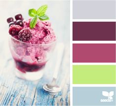 an ice cream dessert with berries and mint on the top is shown in color swatches