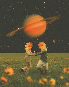 two people are walking in the grass with sunflowers on their heads and an orange object above them