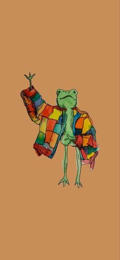 a drawing of a frog with a cross on it's chest and colorful clothing