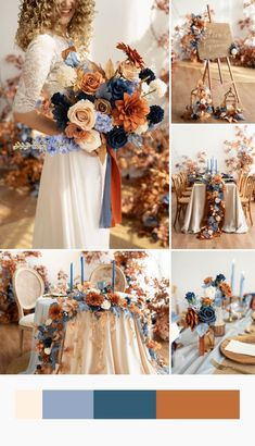 a collage of photos with flowers and chairs in the background, along with text that reads fall wedding color palettes