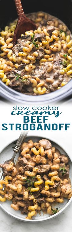 this is an image of beef stroganooffi in the crock pot