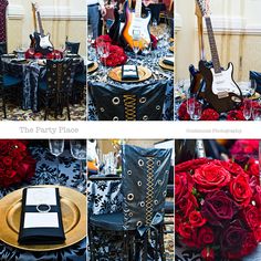 the table is decorated with red roses and black cloths as well as an electric guitar