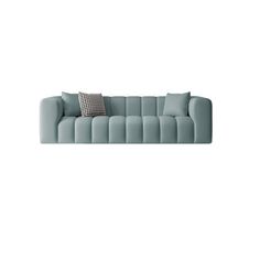 a blue couch with two pillows on it and a pillow in the middle of the back