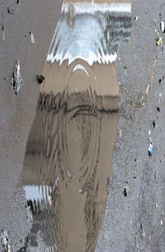 the reflection of a building in a puddle