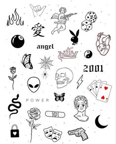 an assortment of tattoos and symbols on a white background with the words angel, power, love