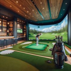 a man playing golf in a large room