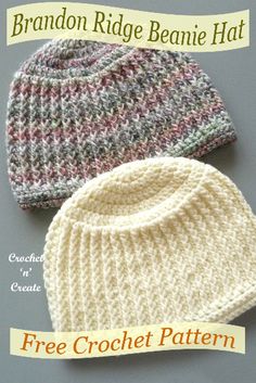 two knitted hats are shown in three different colors and sizes, with the text free crochet pattern