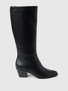 These boots are made with a smooth vegan leather.  Rubber gripper sole.  Round toe.  Zipper at side.  Heel height: 2. 5" 6. 3 cm. ) For more fit and sizing info, check out our Size Guide. Tall Heeled Boots, Beautiful Boots, Fall Fashion, Fashion Ideas, Black Boots, Heeled Boots, Size Guide, Vegan Leather, Gap