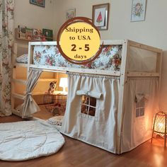 a child's bedroom with a bunk bed and curtains on the top floor, next to a dog house