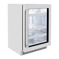 an empty refrigerator with its door open on a white background