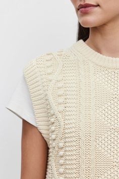 Crafted from chunky Pima cotton, this sweater vest features a classic crew neckline. It boasts a unique cable knit design with popcorn stitch for added dimension and warmth. Perfect for layering over your favorite tops. Popcorn Stitch, Velvet Tees, Cami Shirt, Sweater Vests, Linen Shop, Sweater Sale, Romper Dress, Knit Sweater Cardigan, Jacket Sale