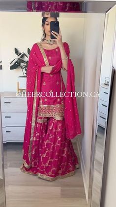 Heer Collection Inc. by Aman Gill on Instagram: "Nawab Gharara Set// Magenta hand embroidered front/back kameez with banarsi silk gharara and soft net sequins work Dupatta. How to order/ inquiries: DM, text or email us. Customization: this piece can be made in any color, style or size. #indianwedding #pakistanwedding #desiwedding #kundan #polki #desibride #punjabibride #pakistanibride #desifashion #sikhbride #punjabijutti #phulkari #punjabisuit #jhumkis #punjabiwedding #indianoutfits #shararasuit #pakistanioutfits" Magenta Punjabi Suit, Punjabi Suit With Phulkari Dupatta, Hot Pink Salwar Suit, Hot Pink Punjabi Suit, Magenta Suits Indian, Bridesmaid Punjabi Suits, Winter Punjabi Suits, Heer Collection Suits, Pink Garara Dress