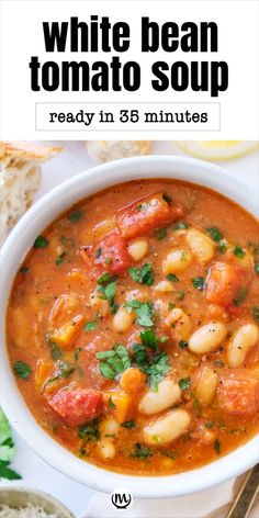 white bean tomato soup in a bowl with bread and parsley on the side text reads, white bean tomato soup ready in 3 minutes