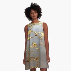 Get my art printed on awesome products. Support me at Redbubble #RBandME: https://www.redbubble.com/i/dress/Faux-Gold-Leather-Stylish-Kintsugi-by-KhushbooLohia/49240634.V4WQ8?asc=u Gold A-line Mini Dress For Summer, Spring Metallic Sleeveless Midi Dress, Metallic Sleeveless Midi Dress For Spring, Sleeveless Metallic Midi Dress For Spring, Kintsugi Fashion, Kintsugi Aesthetic, Fashion History Timeline, Kintsugi Art, Personal Investigation