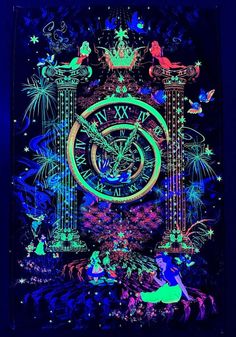 a painting with an image of a clock surrounded by fireworks and stars in the night sky