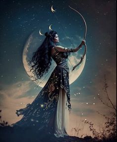 a woman holding a bow and arrow in front of a moon filled sky with stars