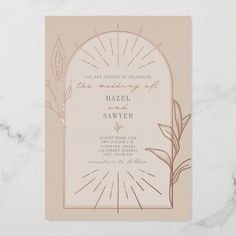 a wedding card with an arch and leaves on it