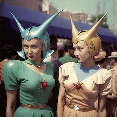 two women in costumes standing next to each other