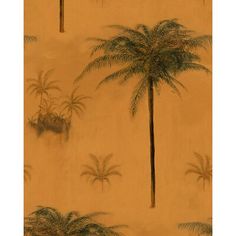 two palm trees in front of a wall with brown and yellow paint on it's walls