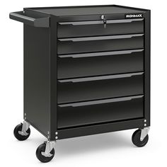 a black toolbox with five drawers on wheels