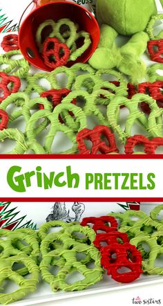 the grinch pretzels are ready to be cut and put in their christmas decorations