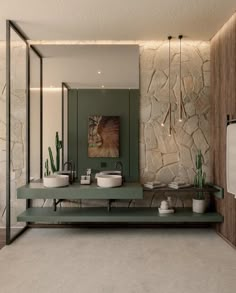 a modern bathroom with stone walls and flooring