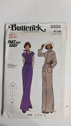 Own a Slice of Groovy History: Uncut 70s Jumpsuit Pattern Awaits! Unearth a treasure from the past with the unopened, uncut Butterick 3334 pattern, a true gem from the iconic 70s. This versatile junior and misses jumpsuit offers both comfort and style, ready to be revived and reimagined for today's fashion scene. Why you need this pattern in your life: -Timeless 70s vibes: Embrace the era of bell bottoms and bold prints with this semi-fitted jumpsuit. Straight legs and a relaxed fit channel effo 70s Corporate Fashion, Vintage Fitted Long Sleeve Jumpsuits And Rompers, 1970s Jumpsuit, 70s Jumpsuit, 70s Inspired Outfits, 70s Vibes, Fitted Jumpsuit, Seventies Fashion, Butterick Pattern