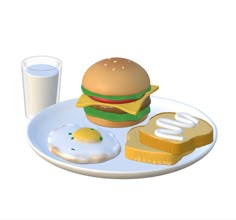 a white plate topped with a hamburger and an egg next to a glass of milk