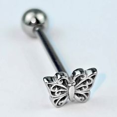 Filigree Beauty Butterfly Barbell Tongue Ring - Surgical Grade Stainless Steel - Body Candy Butterfly Tongue Piercing, Heart Tongue Piercing, Cute Tongue Piercing, Tongue Jewelry, Tongue Piercing Jewelry, Tongue Ring, Piercing Inspo, Jewelry Promotion, Simple Butterfly