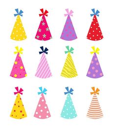 a bunch of party hats with bows and dots on the top, all in different colors