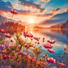 the sun is setting over a lake with pink flowers in front of it and mountains