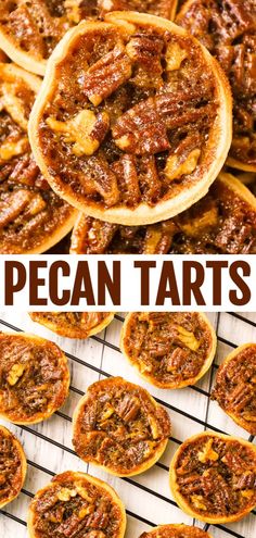 pecan tarts on a cooling rack with text overlay that reads pecan tarts