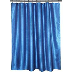 a blue shower curtain hanging on a metal rod