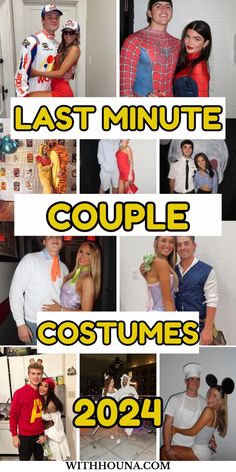 the last minute couple costumes for halloween are in this collage, and it's easy to make