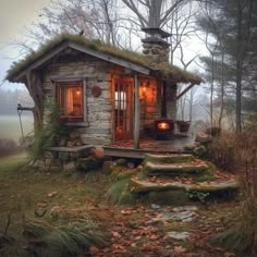 a small cabin in the woods with steps leading up to it's front door