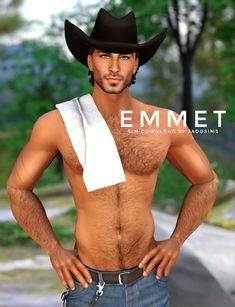 a man with no shirt wearing a cowboy hat and holding his hands on his hips