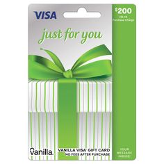 a green and white gift card with a bow on it's front, which reads visa just for you