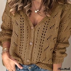 Olivia Mark - Womens Plus Size Casual Cardigan: Solid Hollow Out Long Sleeve Button Up Cardigan Cardigan Design, Cardigan Casual, Trendy Sweaters, Button Cardigan, Women Sleeve, Casual Coat, Winter Sweaters, Outfit Casual, Cardigan Jacket