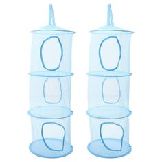 three blue plastic containers with handles and lids