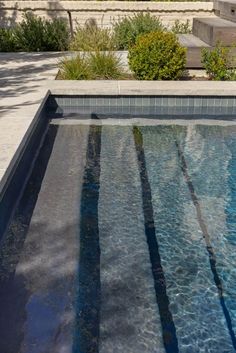 an empty swimming pool in the middle of a garden