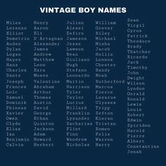 the names of vintage boy names on a dark blue background with white letters and numbers