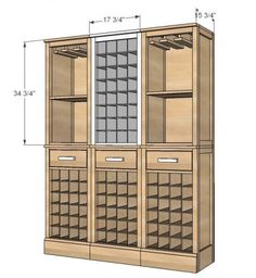 a wooden cabinet with glass doors and shelves on the bottom, measurements for each door