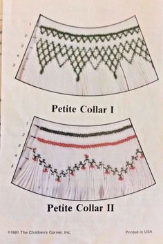 two pieces of white fabric with red and green designs on the bottom, one in black and