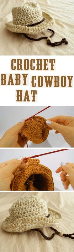 the crochet baby cowboy hat is being made with yarn and yarn threads