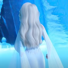 a woman with long white hair standing in front of an ice cave wearing a veil