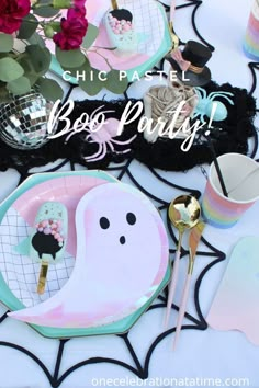 I was inspired to create this ” SPOOKY BOO PARTY” by @merimeri new launch on their Halloween pastel theme decor. Their ombre mint & green pastel colors was my main inspiration for my whole look. Make sure to check out my blog for all the details on this "Spooky Boo Party" Halloween Toddler Party, Happy Spooky Season, Boo Party, Mint Green And Pink, Halloween Tablescape